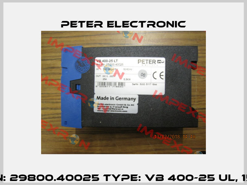 P/N: 29800.40025 Type: VB 400-25 UL, 15s  Peter Electronic